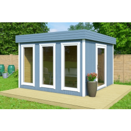 White and gray mini office building with large windows, measuring 11.1 m².