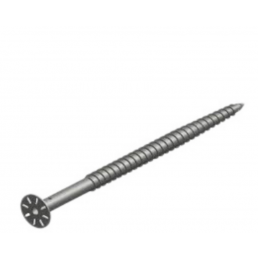 Hõbedane kruvi sügava keermega ja lamepeaga, mõeldud kasutamiseks kruvivundamentidel.