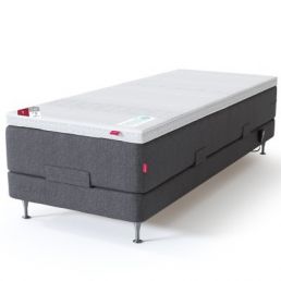 Gray adjustable motorized bed, width 80-180 cm, soft mattress, designed with red accents.