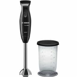 Svart Bosch MSM2610B stavmixer med rostfria blad, inkluderar måttkopp och visp.