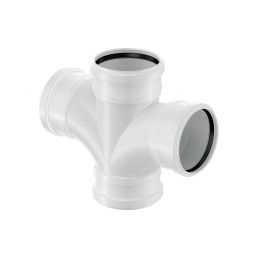 White PVC tee connector, dimensions 110 mm, with three openings for pipe connections.