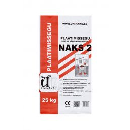 25 kg förpackning av Uninaks plattsättningsmassa NAKS-2. Vit och röd design, med certifieringar och användningsexempel bifogade.