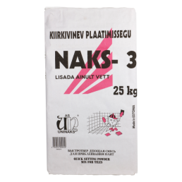 25 kg påse med Uninaks NAKS-3 plattläggningsblandning. Vit och svart tryck, tillsätt bara vatten.
