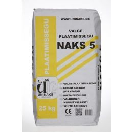 25 kg vit kakelfix NAKS 5, förpackad i en påse med grå och gul design.