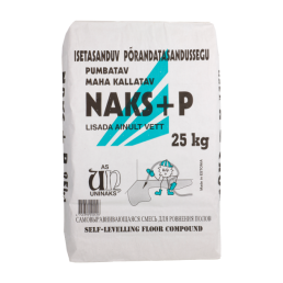 25 kg:n Uninaks NAKS+P -lattiatasoitesäkki, jossa on harmaa ja sininen design, logo ja tuotetiedot.