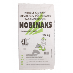 25 kg valkoinen säkki Uninaks Nobenaks nopeasti kivettyvää lattiaseosta. Sisältää logon ja tuotetiedot, vihreällä teipillä korostettuna.