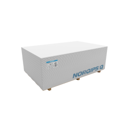 Vit gipsskiva, mått 1200 x (2200-3300) mm, tjocklek 12,5 mm, förpackad på en blekgrå pall.