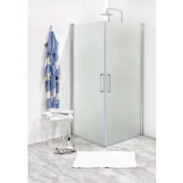 Frosted glass shower enclosure with a metal handle, with a white rug and blue robe visible in the background.