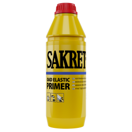 Gul Sakret-flaska med blå etikett och rött lock. Produkten är en grundprimer för vattentät mastic.