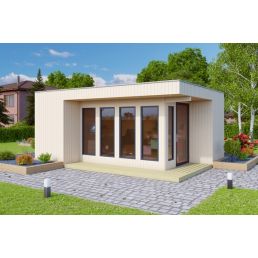 Modern home office of 17.1 m² in light brown color, equipped with large glass doors.