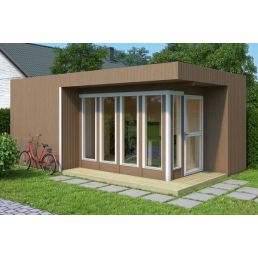 Compact 20 m² home office with large glass windows and a modern design.