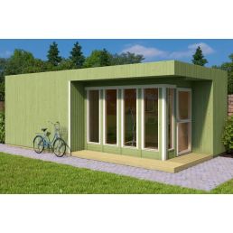Home office unit Office 25, with a total area of 25.4 m², features large glass doors and windows, finished in green.