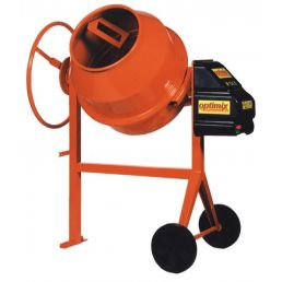 Orange metal concrete mixer with a large rotating drum, two black wheels for easy mobility, a manual turning wheel on the side, and a black control panel.
