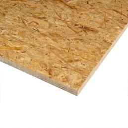 Yellowish 1250x2500x(6-25mm) OSB-3 board with a multi-layer composition and visible wood fibers.