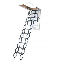 Attic hatch kit featuring a foldable gray metal ladder and a wooden hatch, with adjustable dimensions.