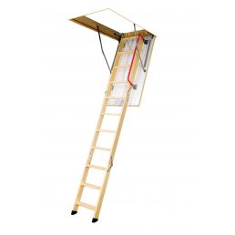 LWK Komfort attic hatch with a ladder, light wood, built-in insulation, and a safety rail.