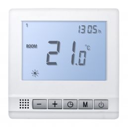 Vit digital termostat för golvvärme Heber HT-115, stor LCD-skärm med temperatur- och tidsindikatorer.