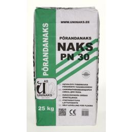 25 kg Uninaks lattiannaks NAKS PN 30, sementtipohjainen tasoite, pakattu valkoiseen ja vihreään muoviin. Tarkoitettu lattioiden tasoittamiseen.
