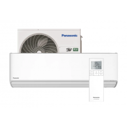 Valge Panasonic õhksoojuspump, sisaldab sise- ja välisüksust. Digitaalekraan temperatuuri ja seadete kuvamiseks.