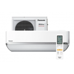 Panasonic VZSKE õhksoojuspump, valge, kõrge energiatõhusus, digitaalne ekraaniga juhtpaneel.