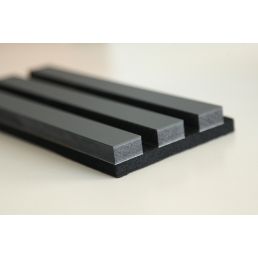 Black Homer acoustic rib panels with dark gray felted edges, featuring a modern and minimalist design.