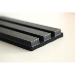 Acoustic rib panel in gray oak with black felt. The panels are designed as narrow, long ribs.