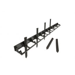 Black metal fastener for garden bed borders with included nails. Ideal for defining garden bed edges.