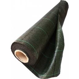 Dark green garden fabric in a roll measuring 1x25 meters, with a visible reinforced mesh structure.