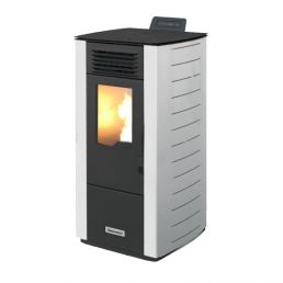 Grey 9 kW air-heating pellet stove CentroPelet Z12 with a visible flame window.