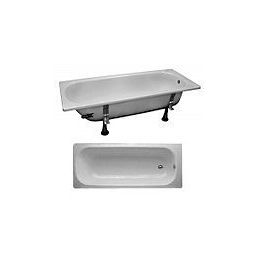 White enameled steel bathtubs, one freestanding with four black legs and another in a traditional built-in design.