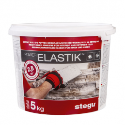 Valkoinen 5 kg Power Elastik -liimaämpäri, jossa on punavalkoinen etiketti, joka osoittaa tuotteen käytön laattojen kiinnittämisessä.