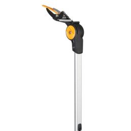 Fiskars PowerGear™X UPX86 branch cutter with a telescopic handle, black and orange handle, and a silver shaft.