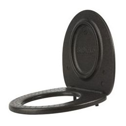 Svart värmeisolerad toalettsits i oval form med lock.