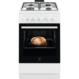 White Electrolux LKG500013W gas stove with four burners, and bread baking in the oven.