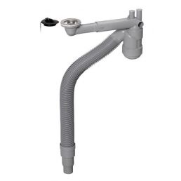 Grå plastflaskfälla för köksvask med anslutning till tvättmaskin och med propp, flexibel slang.