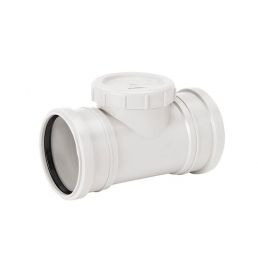 White Uponor Decibel cleanout piece, T-shaped pipe fitting with a cover.