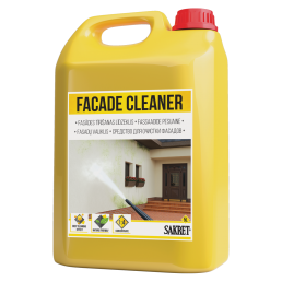 Yellow 5-liter container with a red screw cap, the label reads 'Facade Cleaner' and shows an image of facade cleaning.