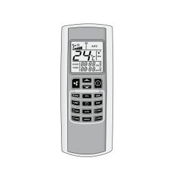 Gray remote control for an air heating stove featuring a large LCD display and multiple buttons for temperature control and other functions.
