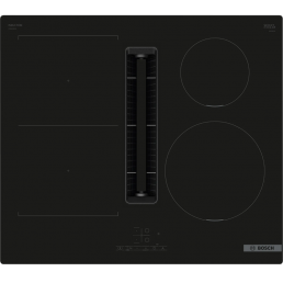 Svart slät Bosch PVS611B16E elektrisk spishäll med en bredd på 601 mm, höjd 100 mm och djup på 526 mm. Den inkluderar två justerbara kokzoner.