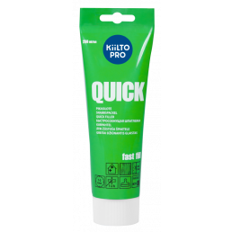 250 ml Kiilto Quick kiirpahtlit rohelises tuubis mitmekeelse kirjelduse ja kiire kuivamise sümbolitega.