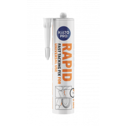 Valkoinen 290 ml Kiilto Rapid yleisliima metallituubissa. Tuubissa on oranssia ja harmaata tekstiä sekä kuvia käyttöalueista.