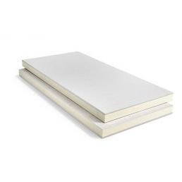 Vit PIR-isoleringsskiva ansluten till gipsplatta, måtten 1200x2600 mm och tjocklek 32,5 till 112,5 mm.