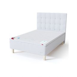 White daybed with a tufted headboard and white wooden legs, width 80-140 cm.
