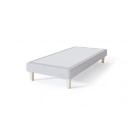 White bed frame, minimalist design, wooden legs, width: 80-140 cm.