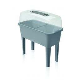 Gray plastic mini greenhouse with legs and a cover to protect plants.