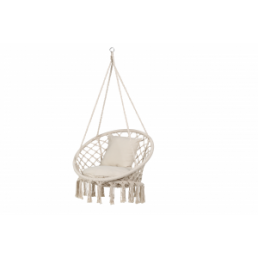Beige hängstol med nätmönster, mjuk sittdyna och tofsdekoration