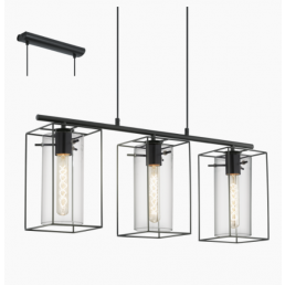 Svart taklampa Loncino med tre transparenta glaskupor och svarta metallramar. Passar för E27 ljuskällor.