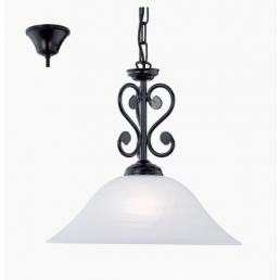 Riippuvalaisin valkoisella lasikuvulla ja mustilla metalliyksityiskohdilla.