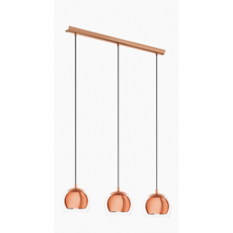 Taklampa med tre hängande lampor, kopparfärgade globformade lampskärmar och långa silverfärgade trådar från en horisontell trälist.