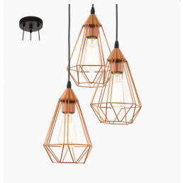 Hänglampa Tarbes med tre lampor, kopparfärgad metallram och E27-sockel, inkluderar takfäste.